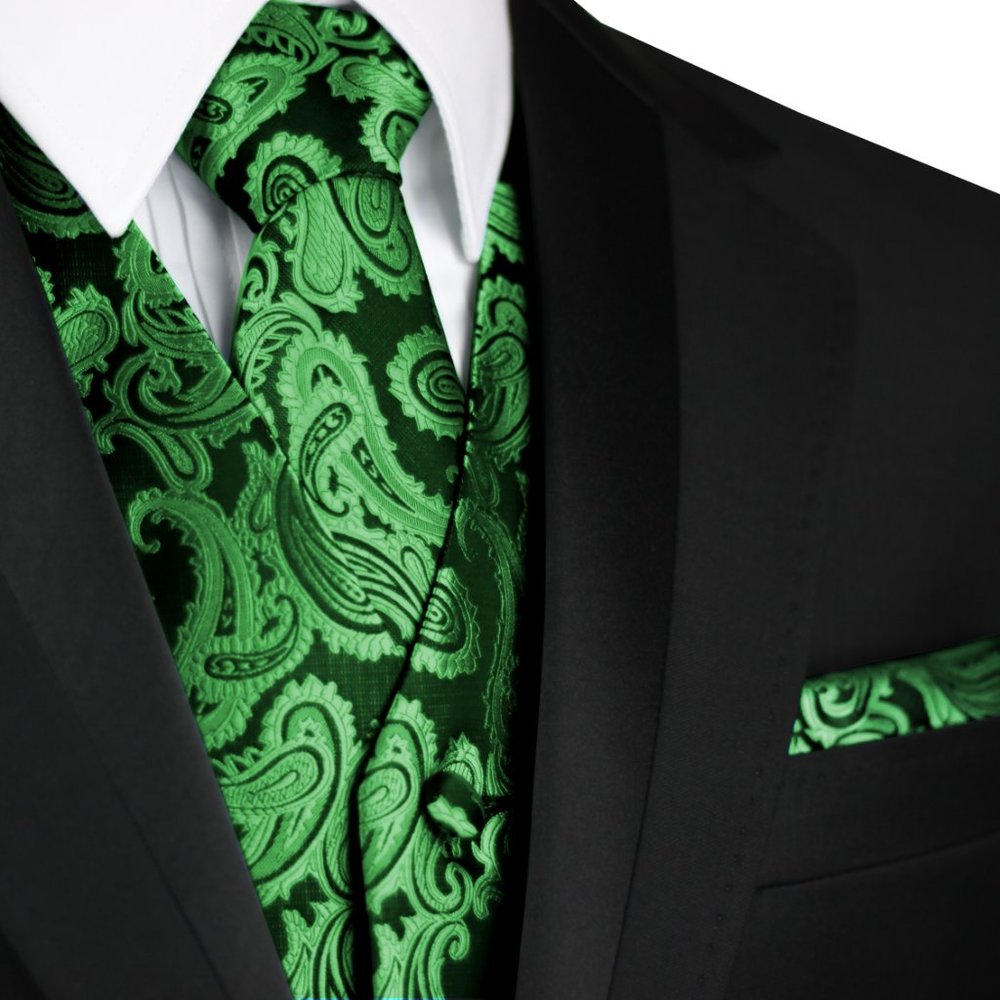 Men's Formal Wedding Prom Homecoming Tuxedo Vest Tie Hankie set - Green Paisley